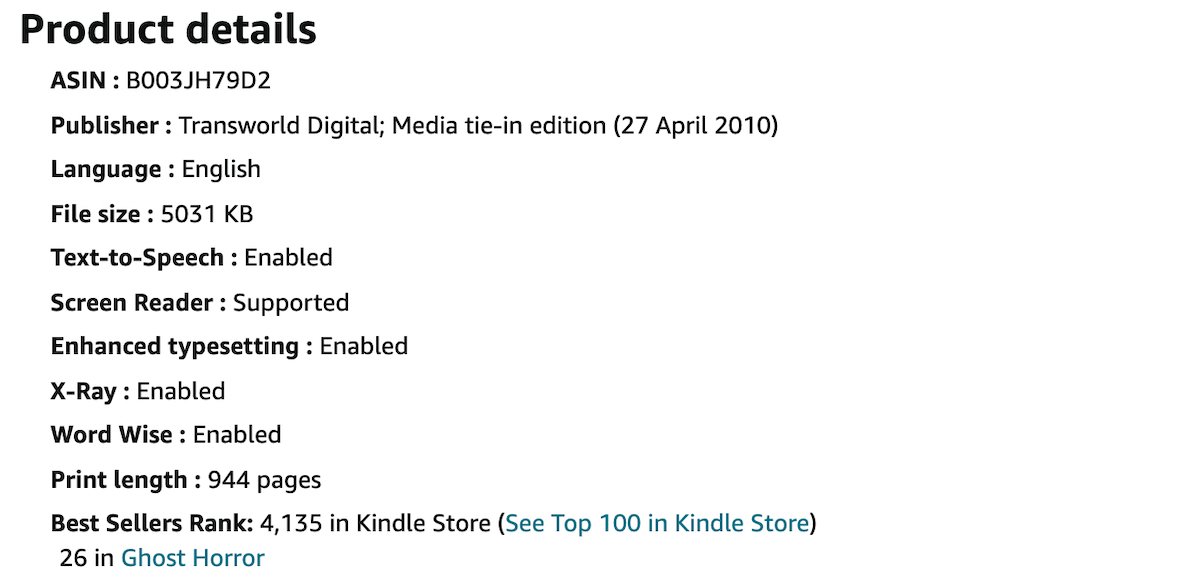 The "Product details" section of the Kindle version of a book.