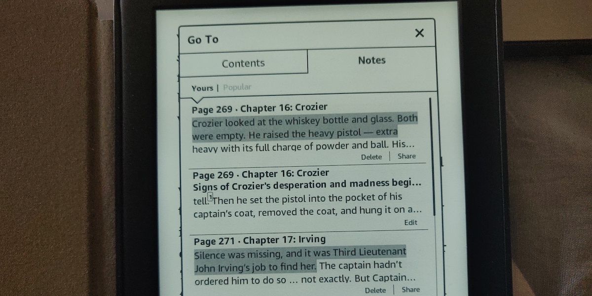 The 'Notes' section of the 'Go To' menu on Kindle.