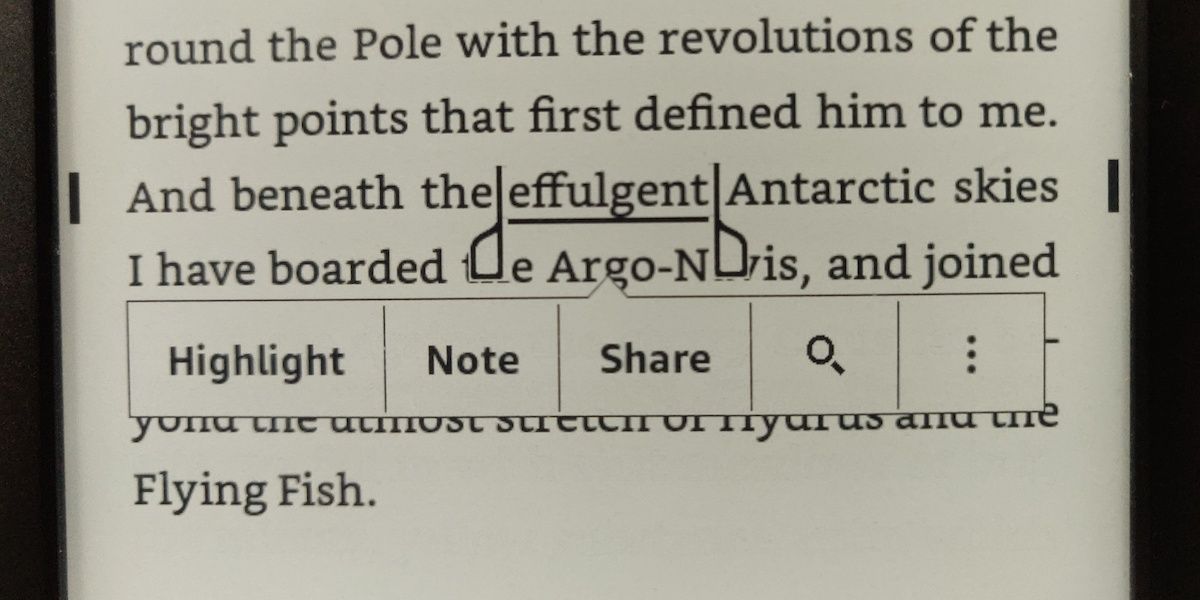 Selecting the word &quot;effulgent&quot; on a Kindle.