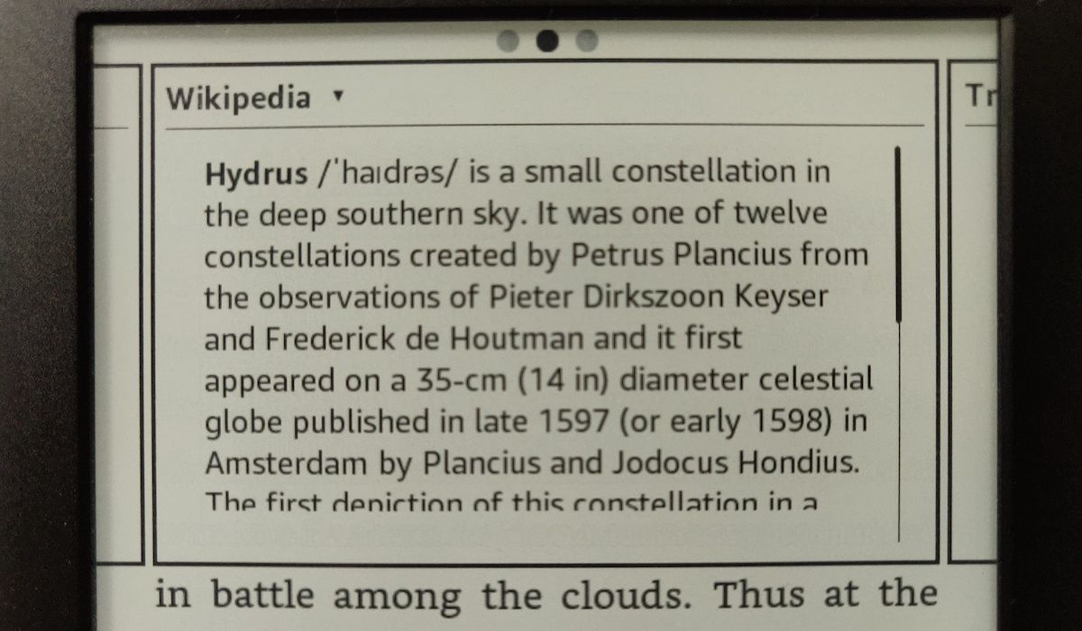 Using the "Wikipedia lookup" feature on a Kindle.
