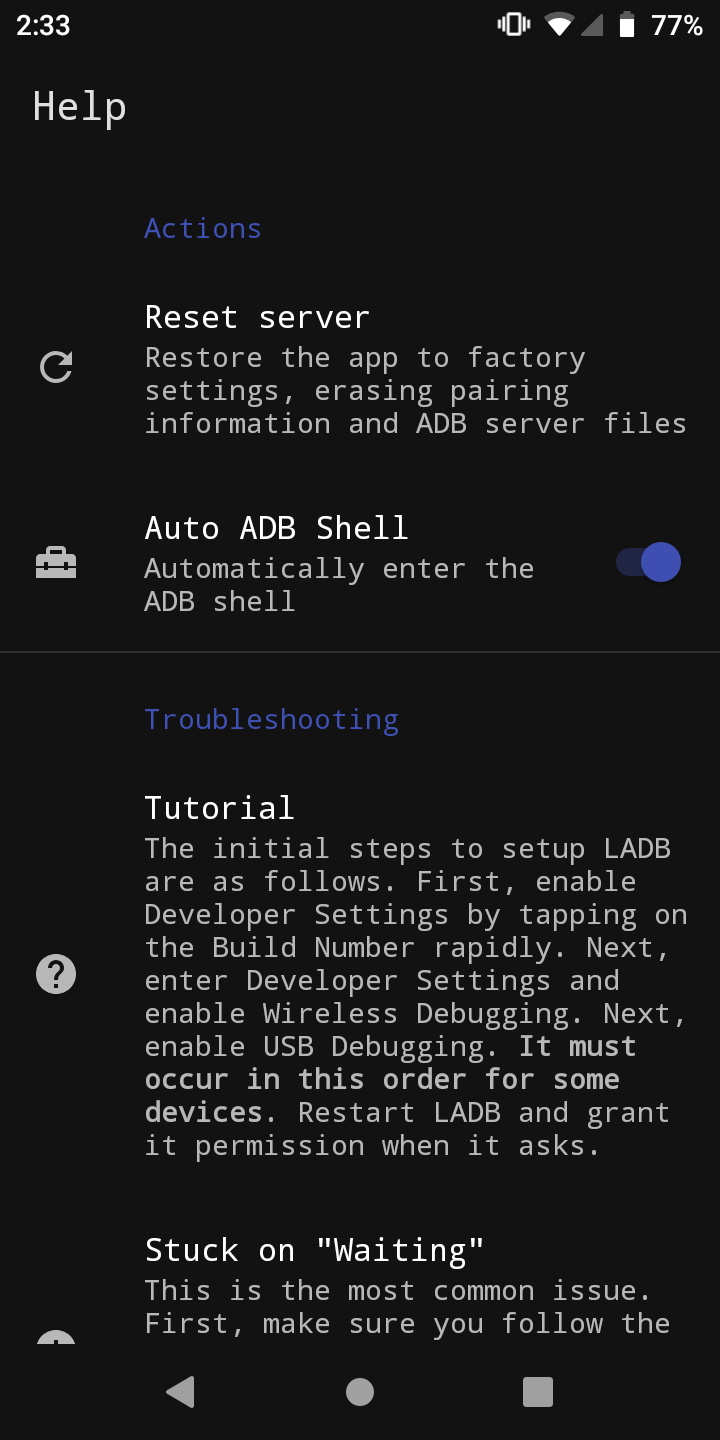 LADB's settings and help page