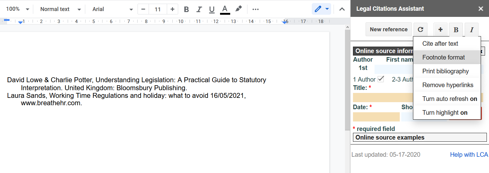 Legal Citations Assistant Google Docs Add-on Features