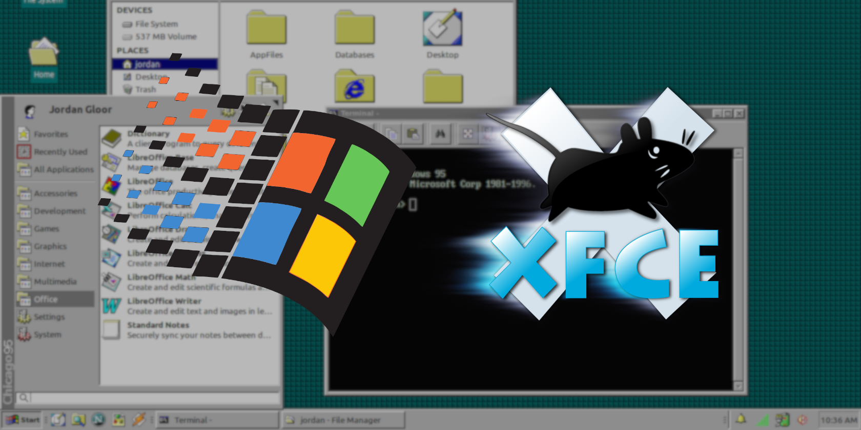 Windows 95 and XFCE Logos Over Chicago95 Theme