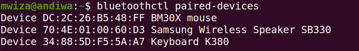 output showing paired bluetooth devices in linux
