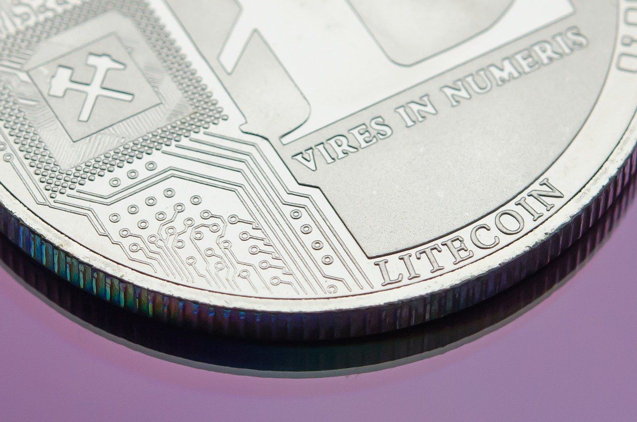 Stock image photo of a Litecoin close up against a purple background