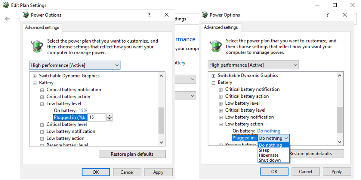 Low battery settings in Windows 10