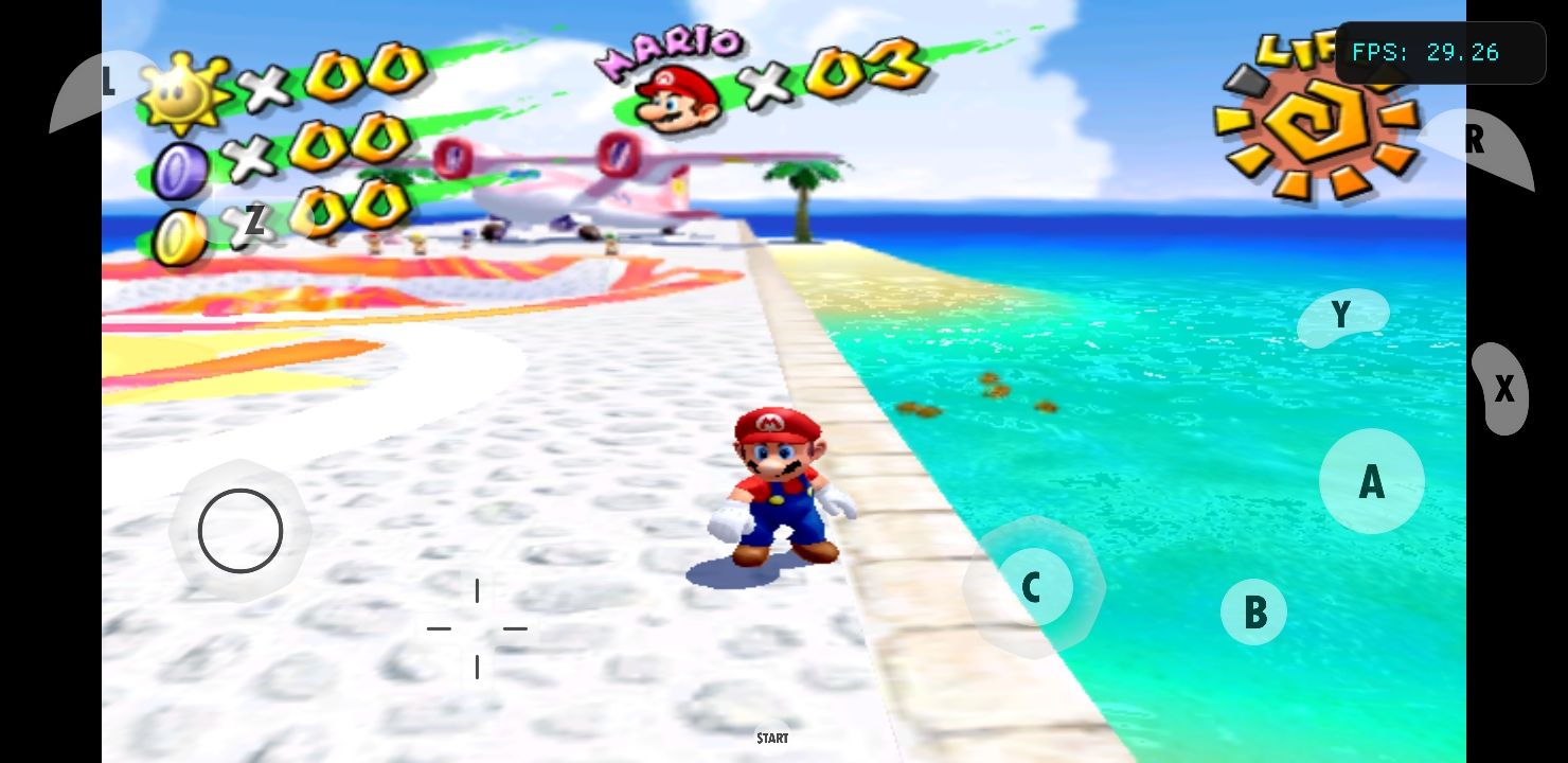 Super Mario Sunshine running on Dolphin