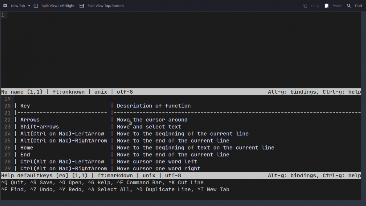 Keybindings in Micro Editor