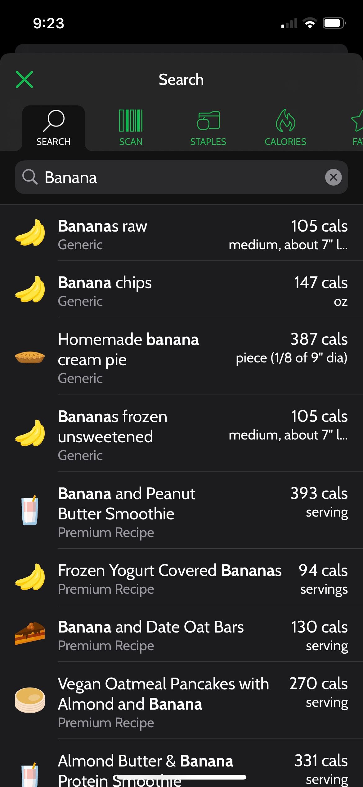 mynetdiary banana options