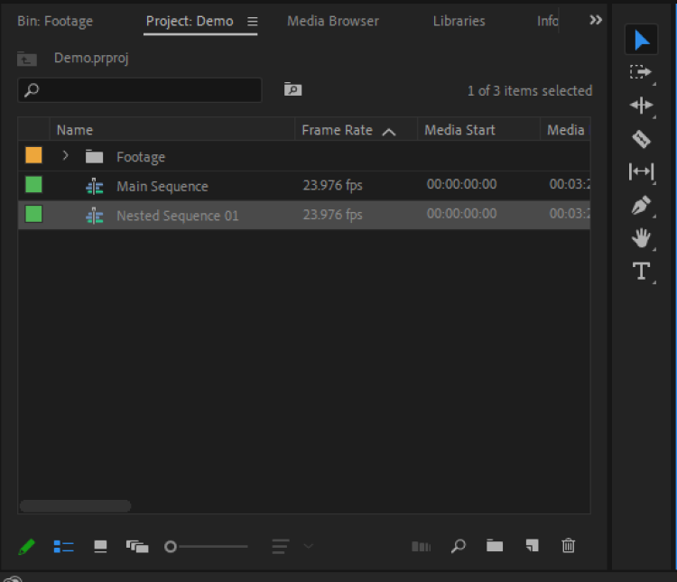 Verschachteln von Sequenzen in Adobe Premiere Pro - nested sequence in bin 1