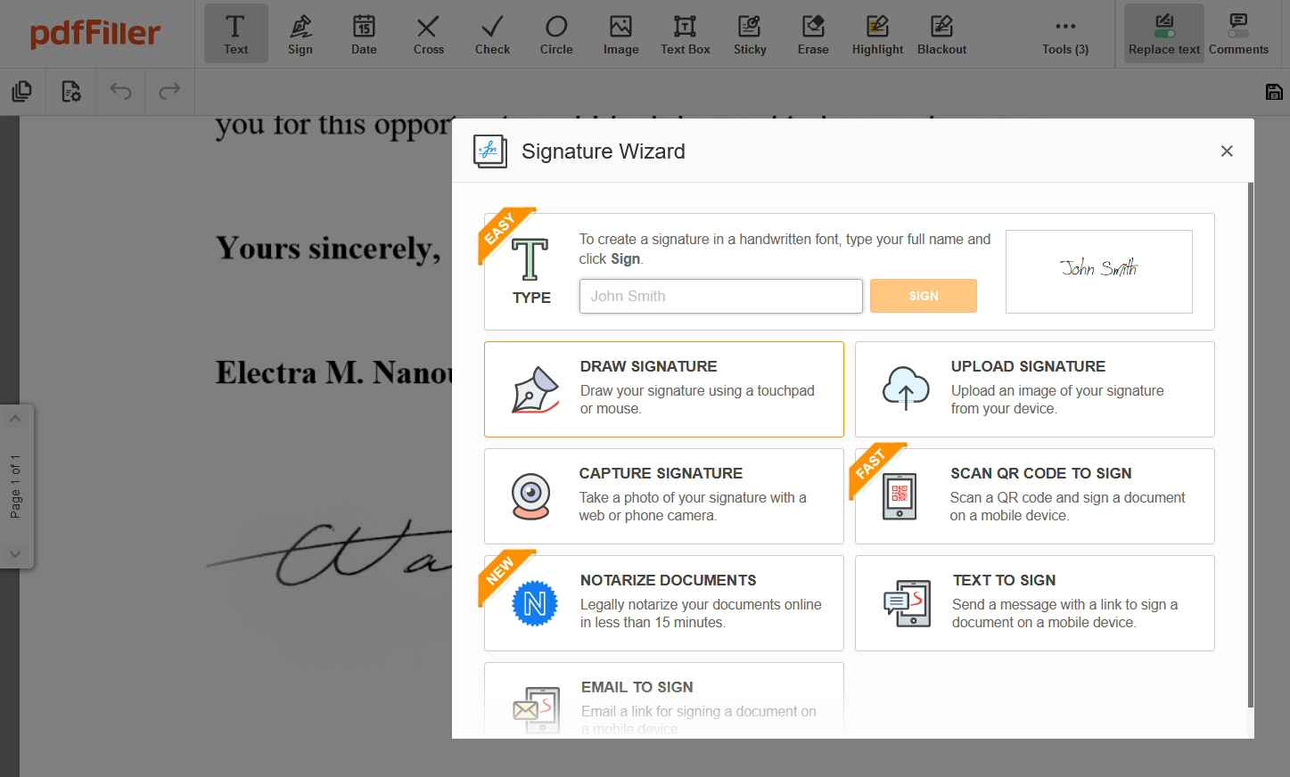 pdfFiller Signature Wizard Options