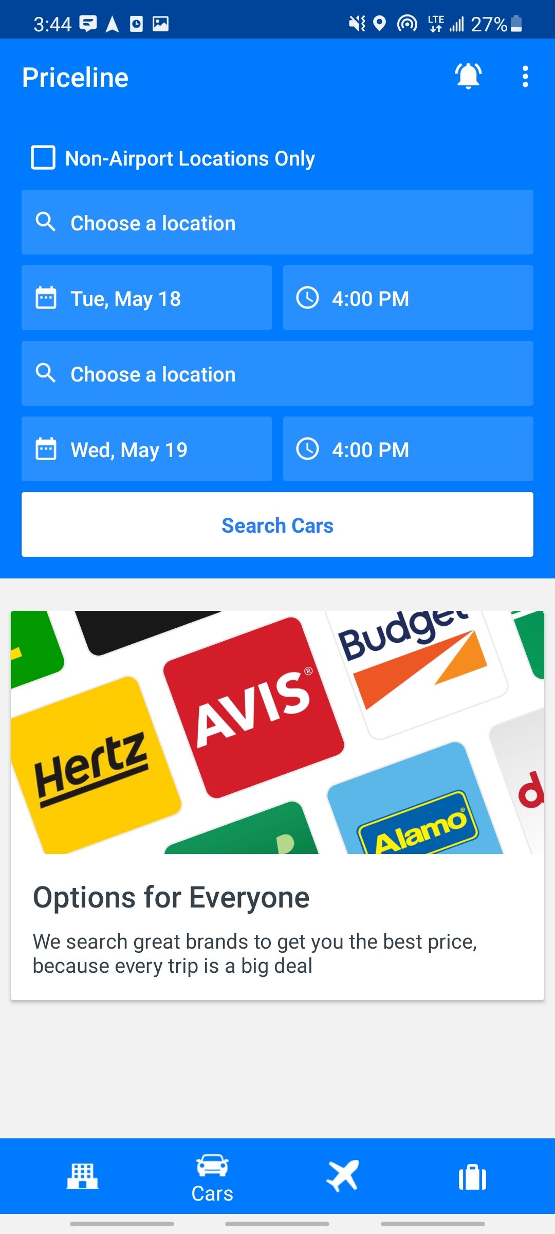 priceline app setting location and time information for car rental