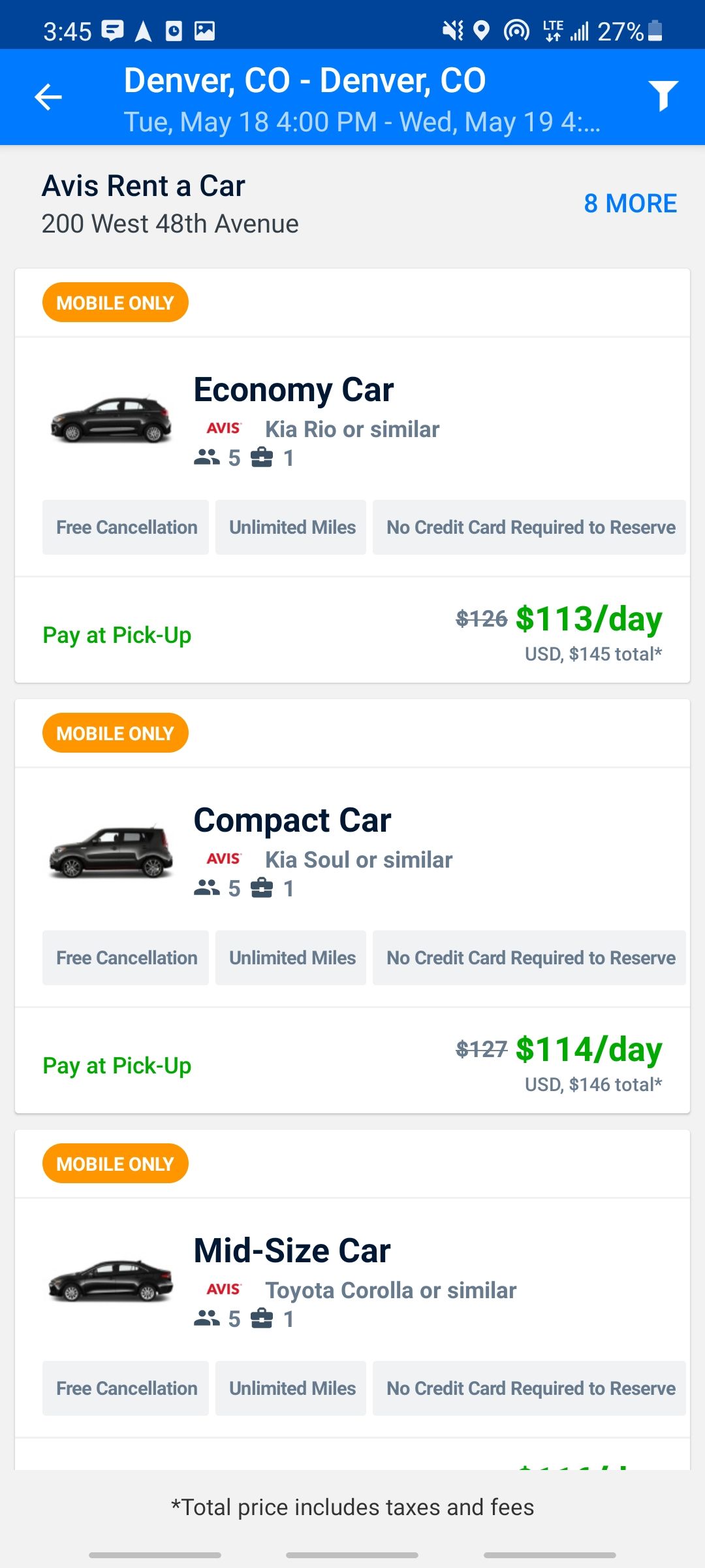priceline app showing you all available car rentals near you