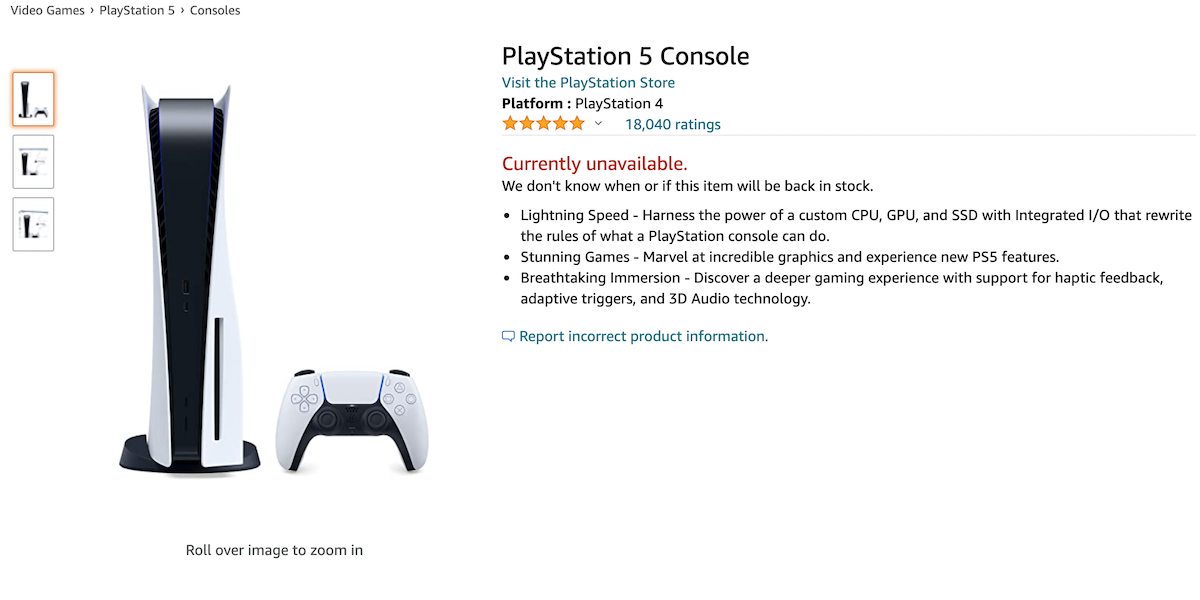 The PS5 product page on amazon.com showing that it is currently unavailable