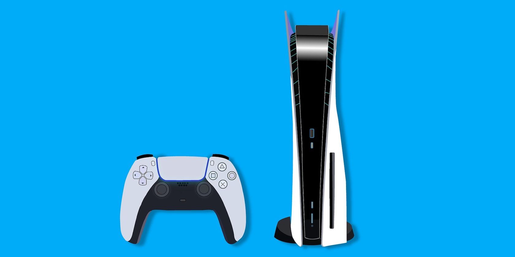 A PS5 and a DualSense controller with a blue background