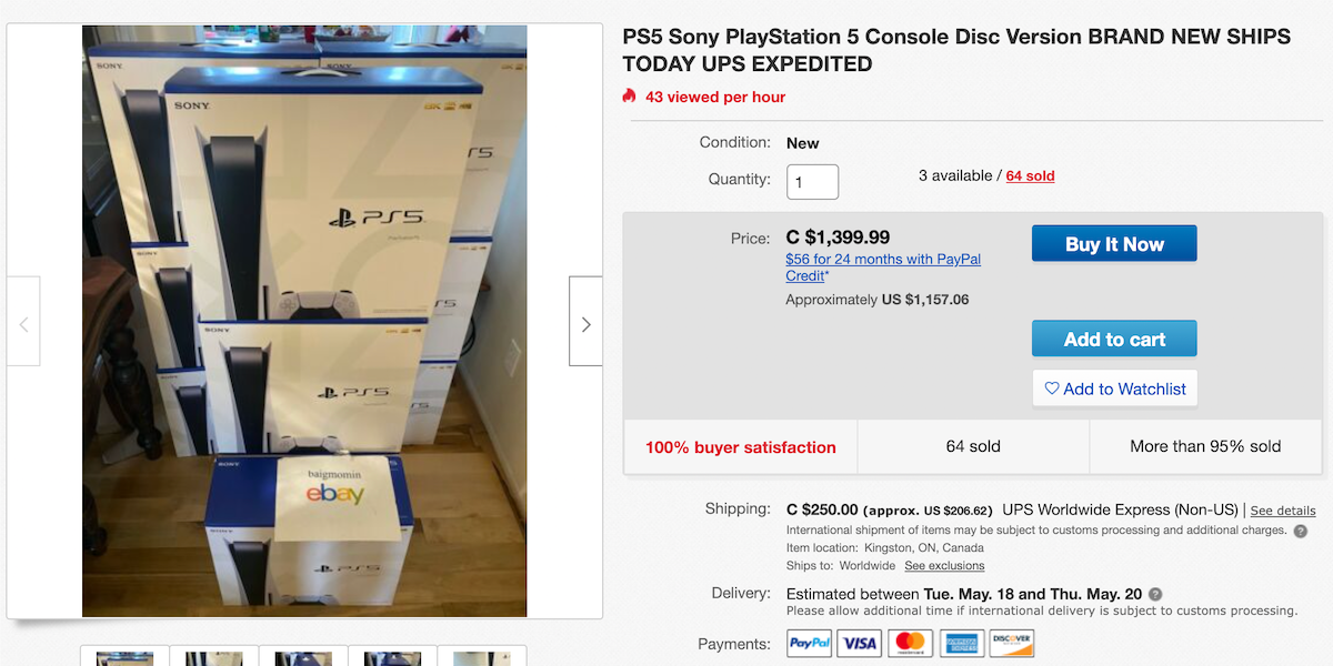 A listing for a PS5 on eBay made by a console scalper