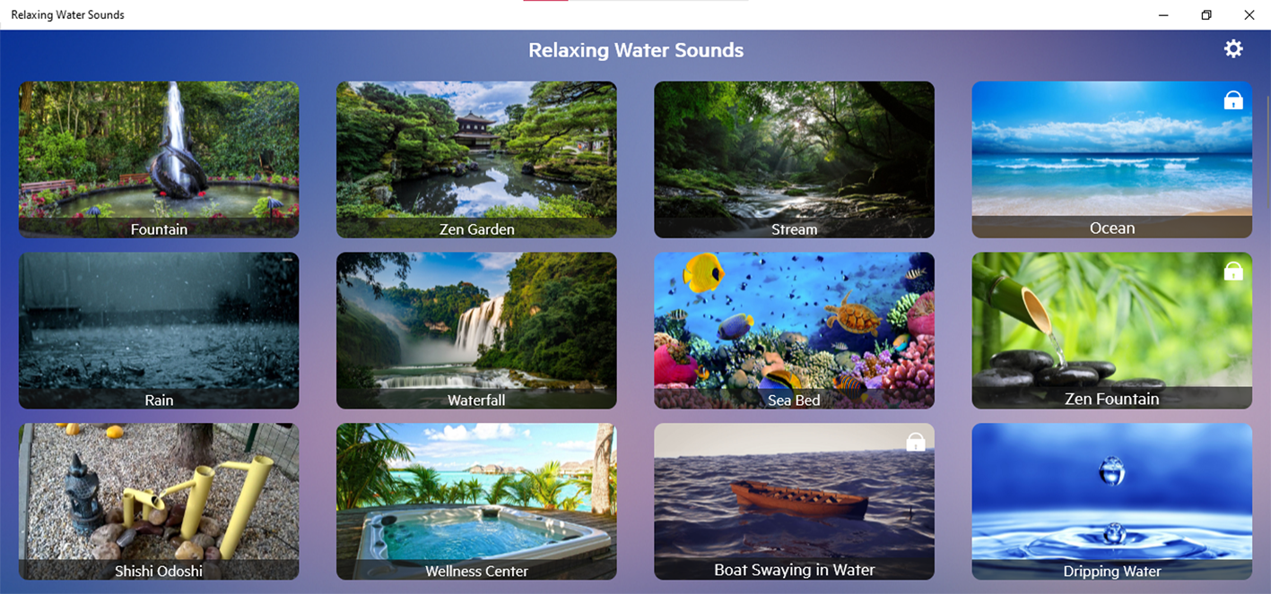 screenshot of relaxing water sounds windows app
