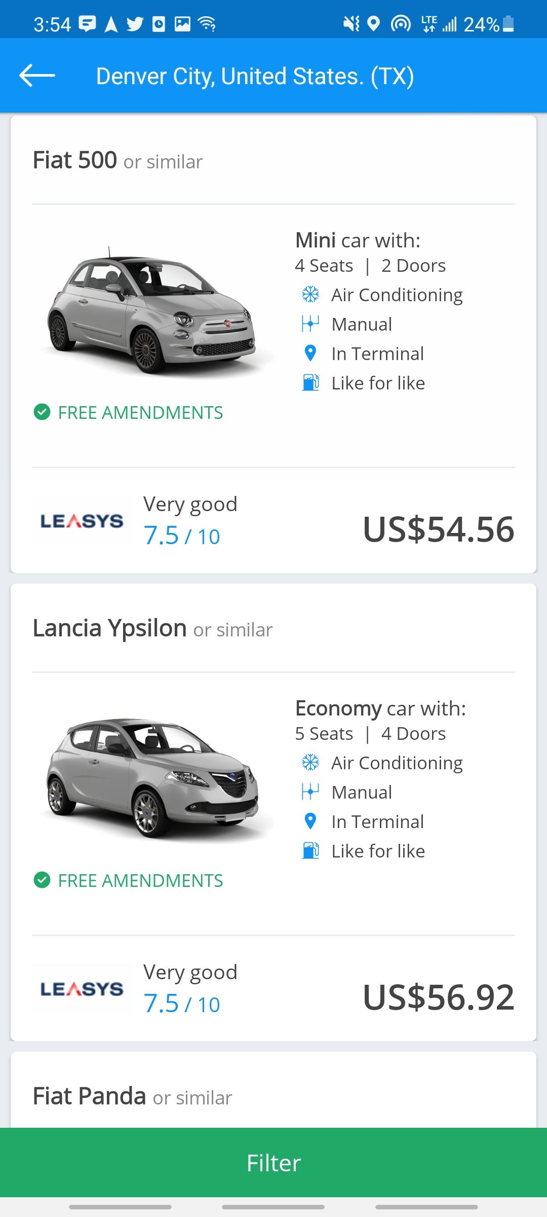 rentalcars.com app choosing a car from their selections