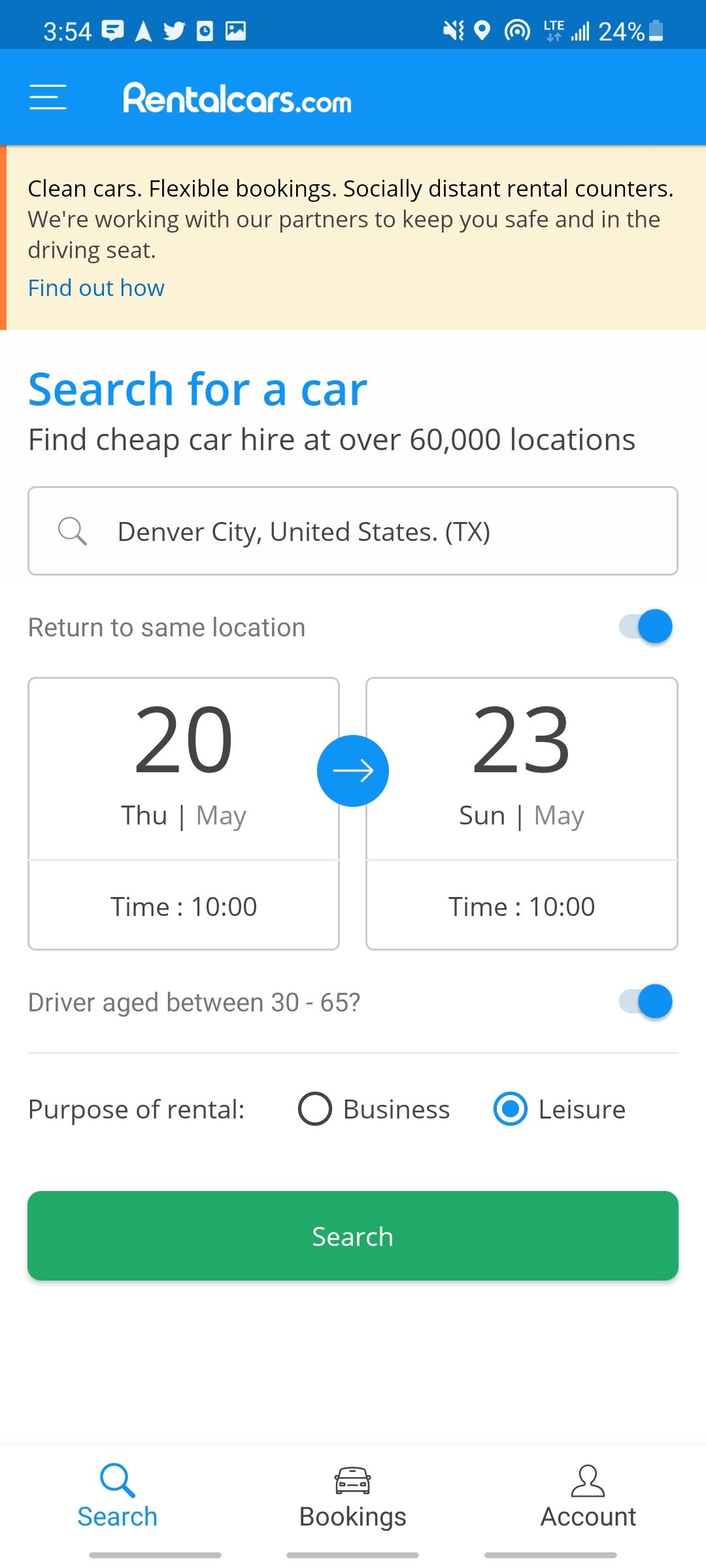 rentalcars.com app searching for a car screen