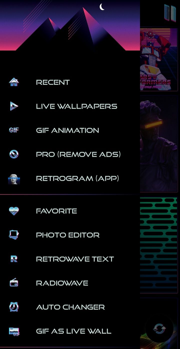 Screenshot of Retrowave Wallpapers categories bar