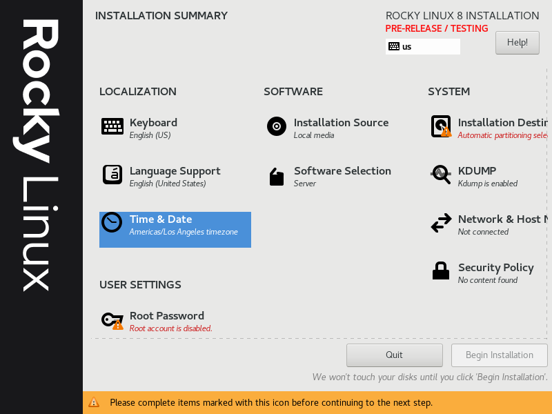 Rocky Linux installation menu