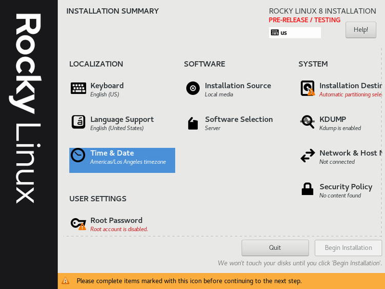Rocky Linux installation menu