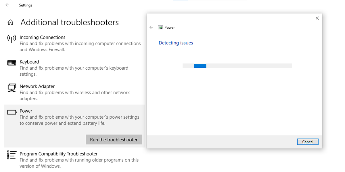 Power troubleshooter in Windows 10