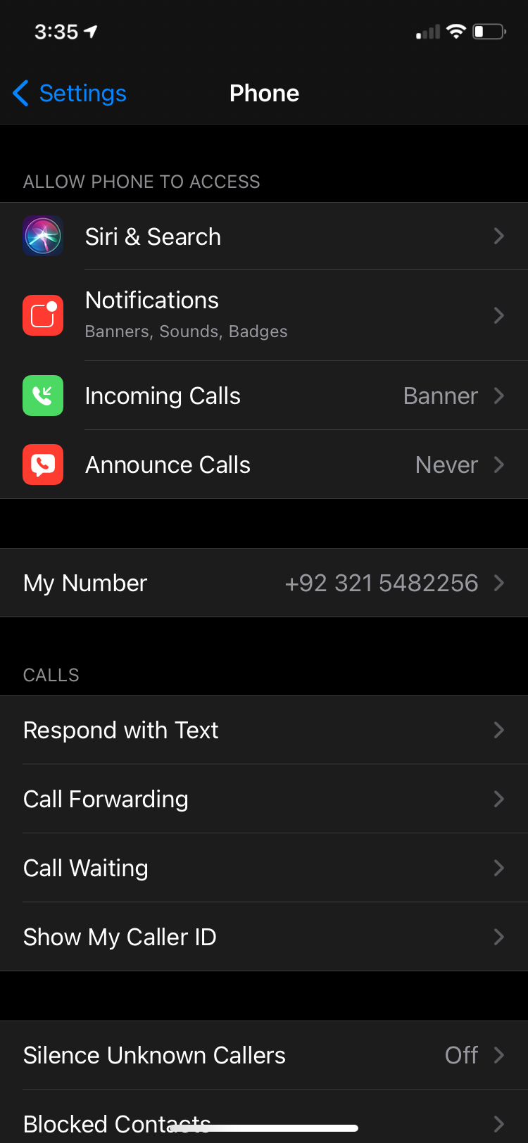 iPhone settings Announce calls.