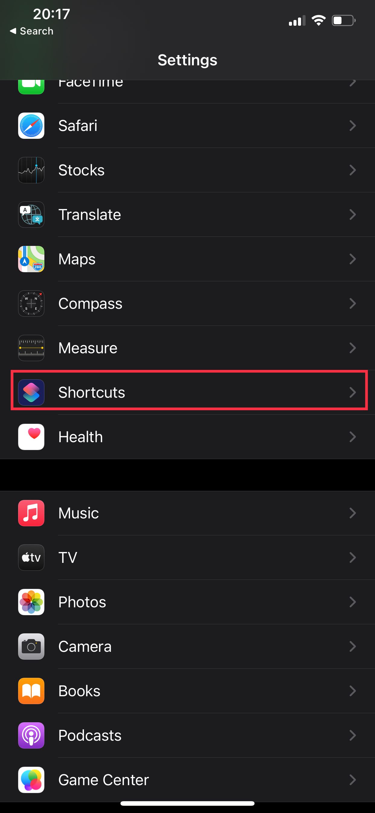 Shortcuts settings on iPhone
