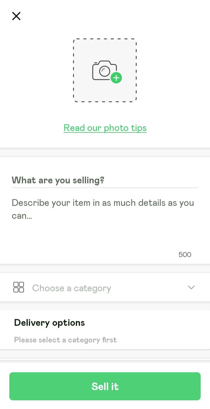 screenshot of shpock selling page