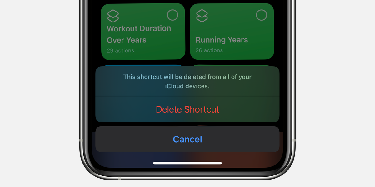 A screenshot that of a confirmation screen which reveals that if you delete a shortcut from one iOS device, it gets deleted on all devices connected to the same iCloud account