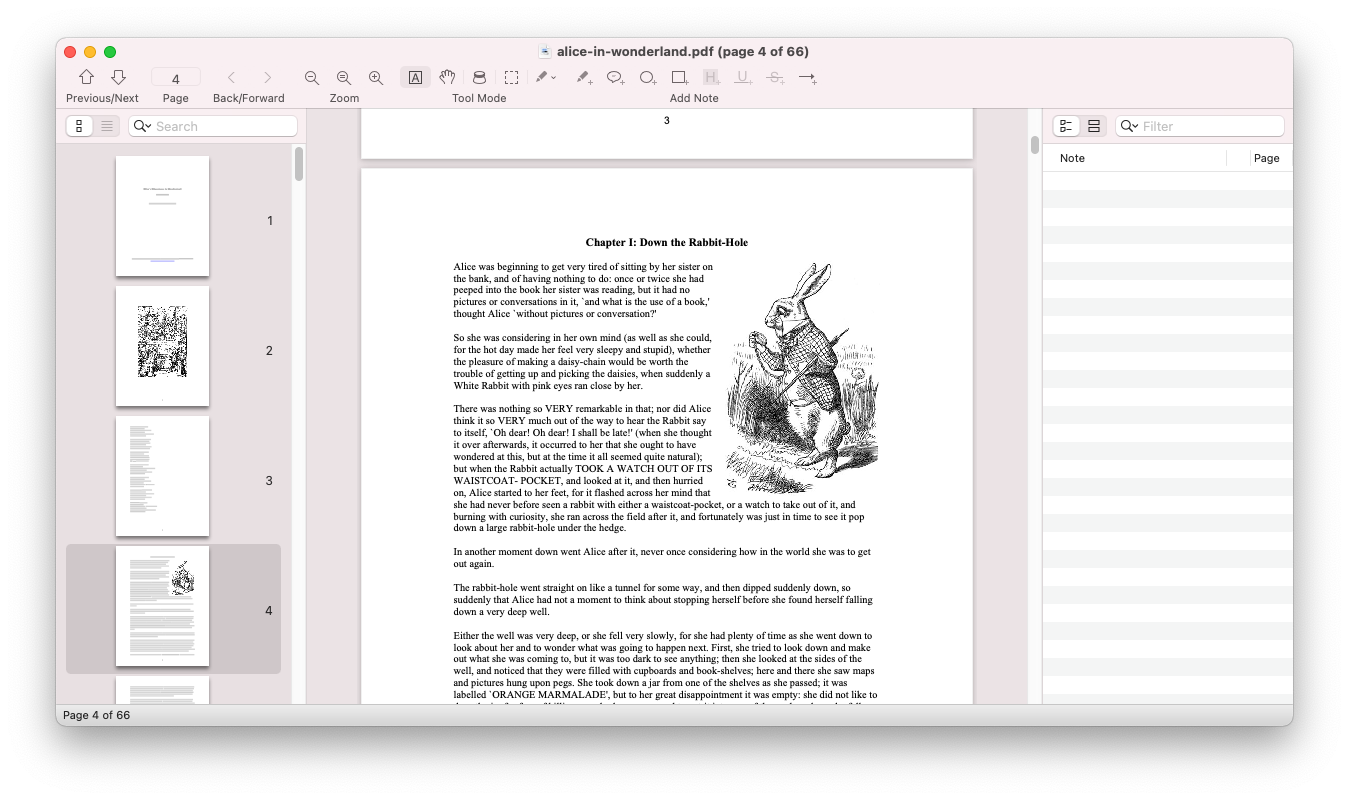 A screenshot of the Skim PDF reader running on macOS showing a PDF, page thumbnails, and a notes sidebar