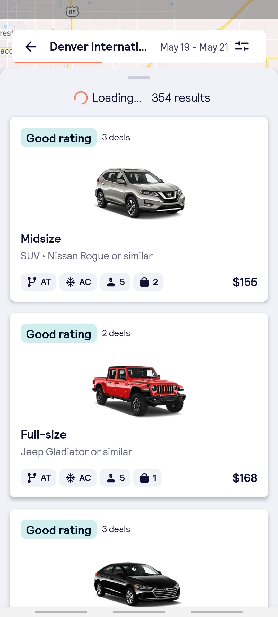skyscanner app showing you available car rentals