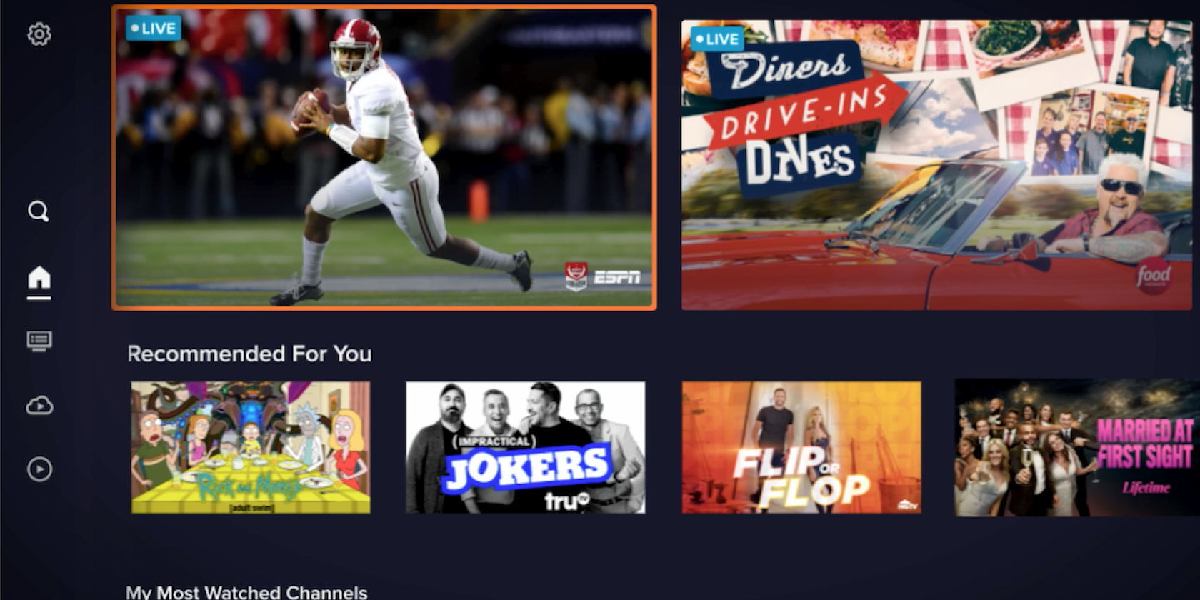Aplicativo Sling TV exibindo programas de TV e canais de esportes 