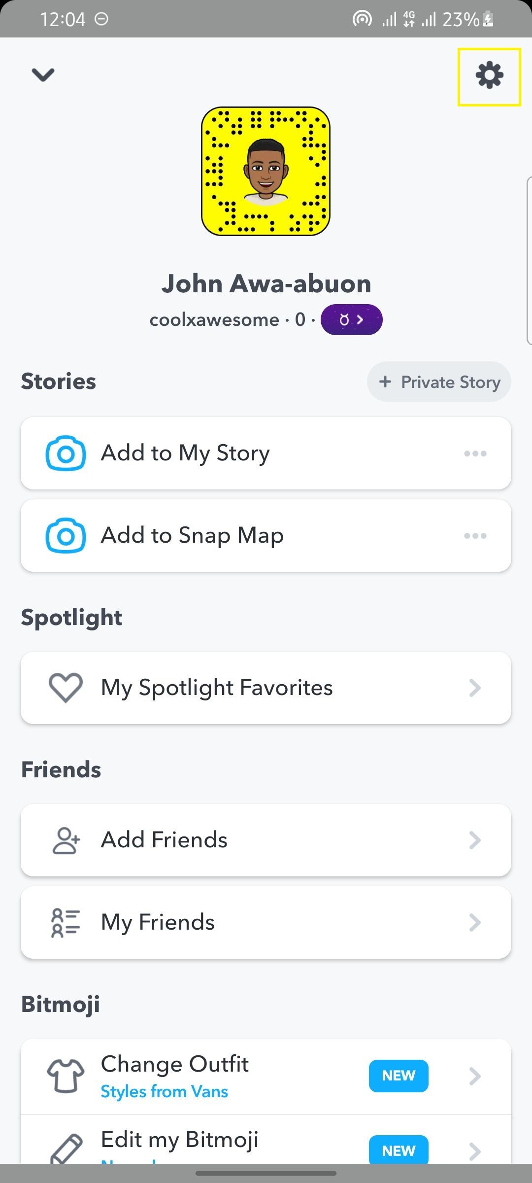 snapchat profile page showing how to download snapchat data