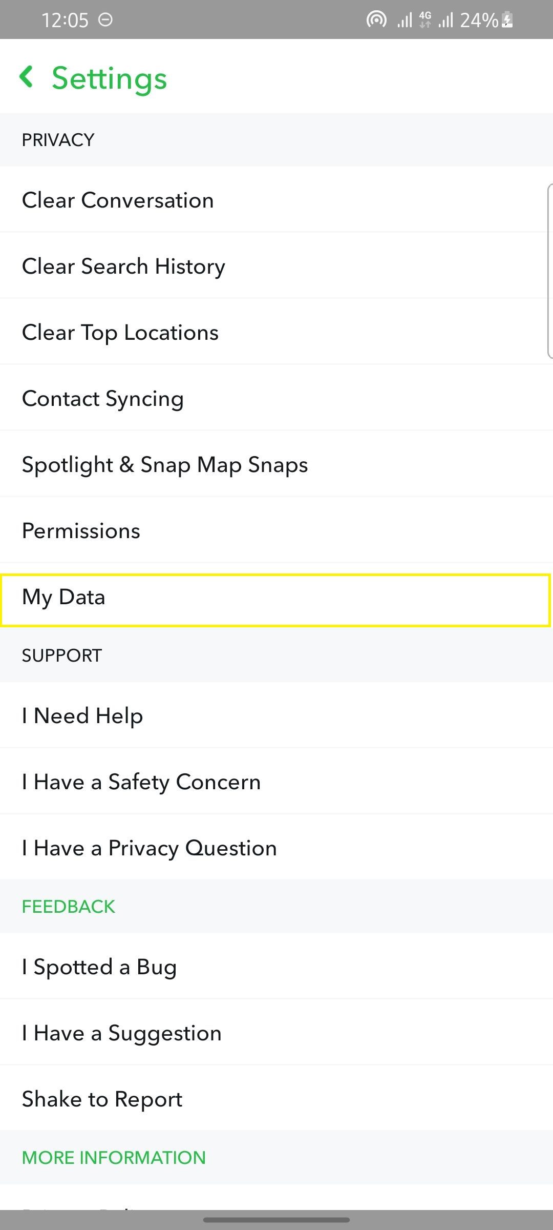 snapchat settings page showing how to download snapchat data