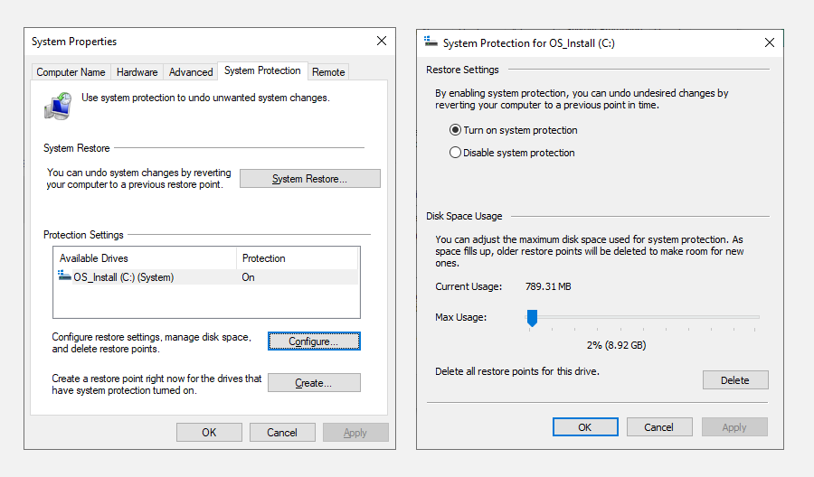 system protection disk allocation system restore points