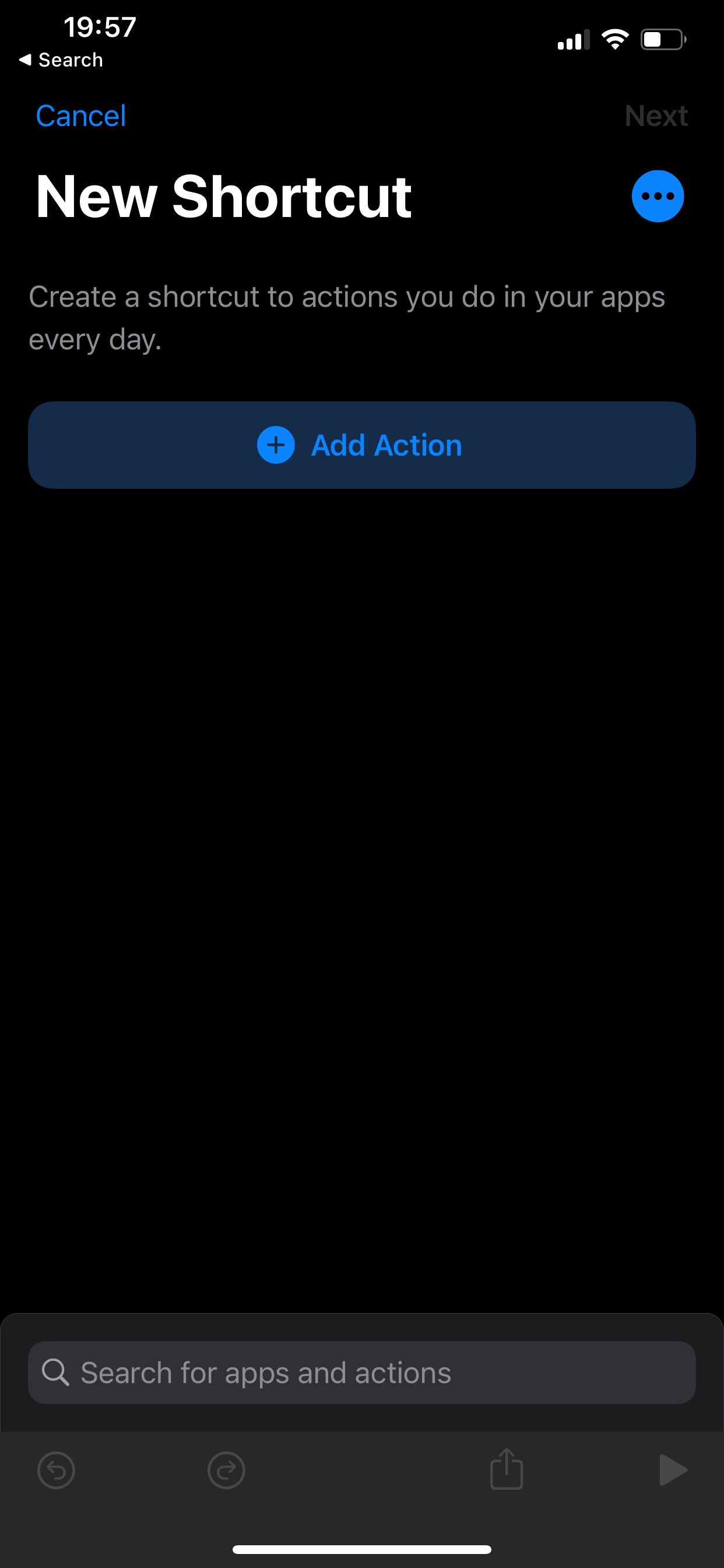 The Add Action button from the screen where you create a new shortcut