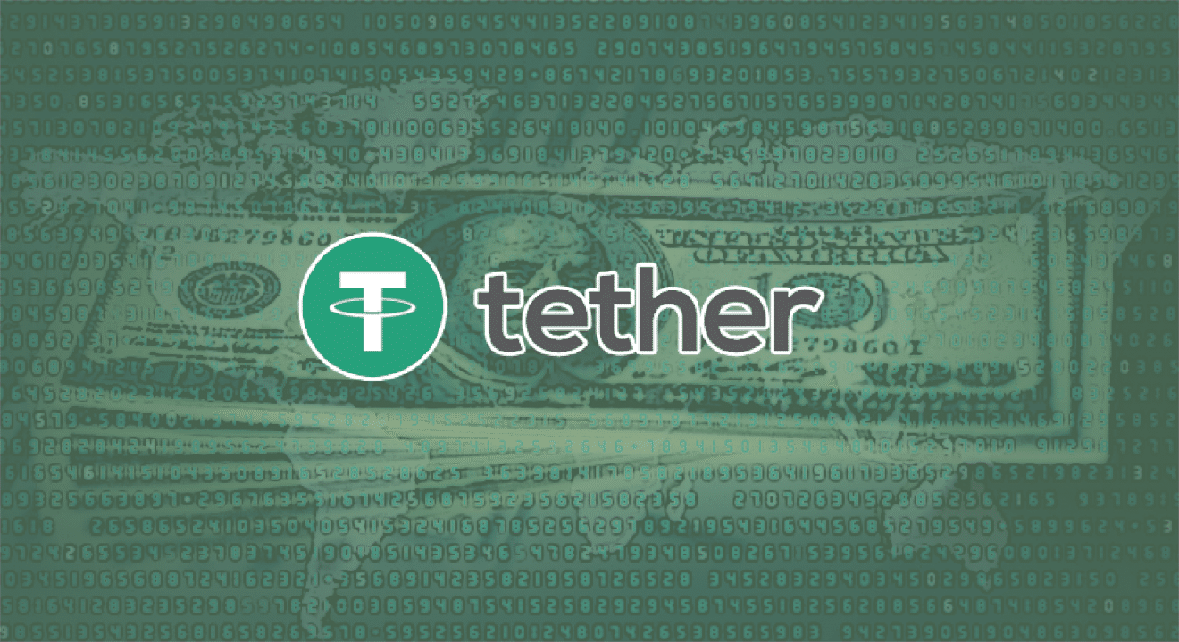 Green banner that shows Tether logo with US dollars in the background