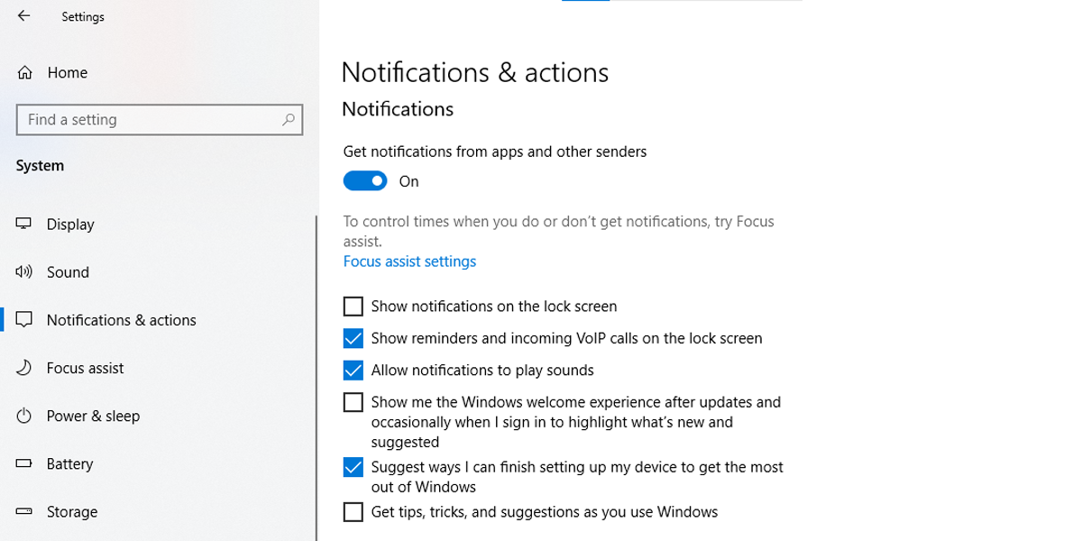 Notifications settings in Windows 10