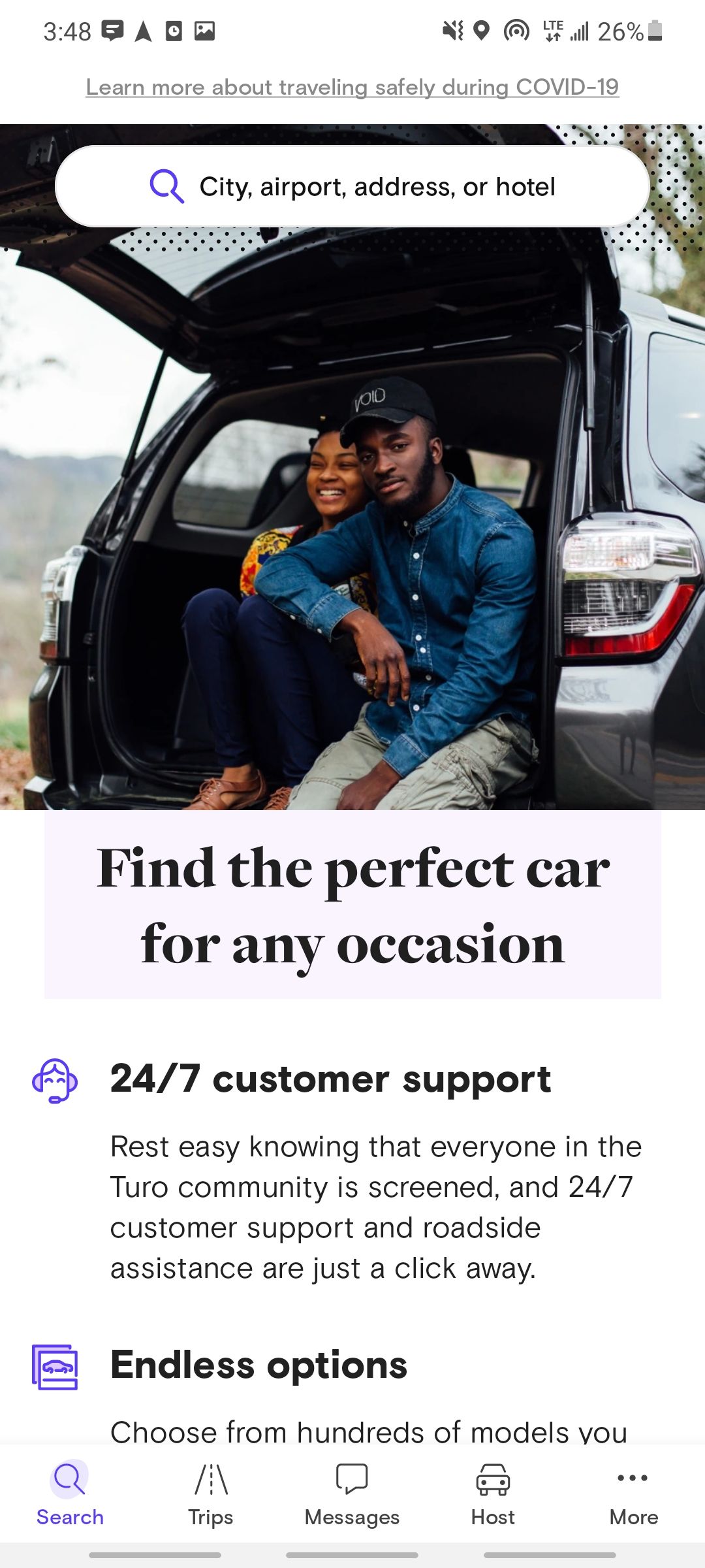 turo car rental app home screen