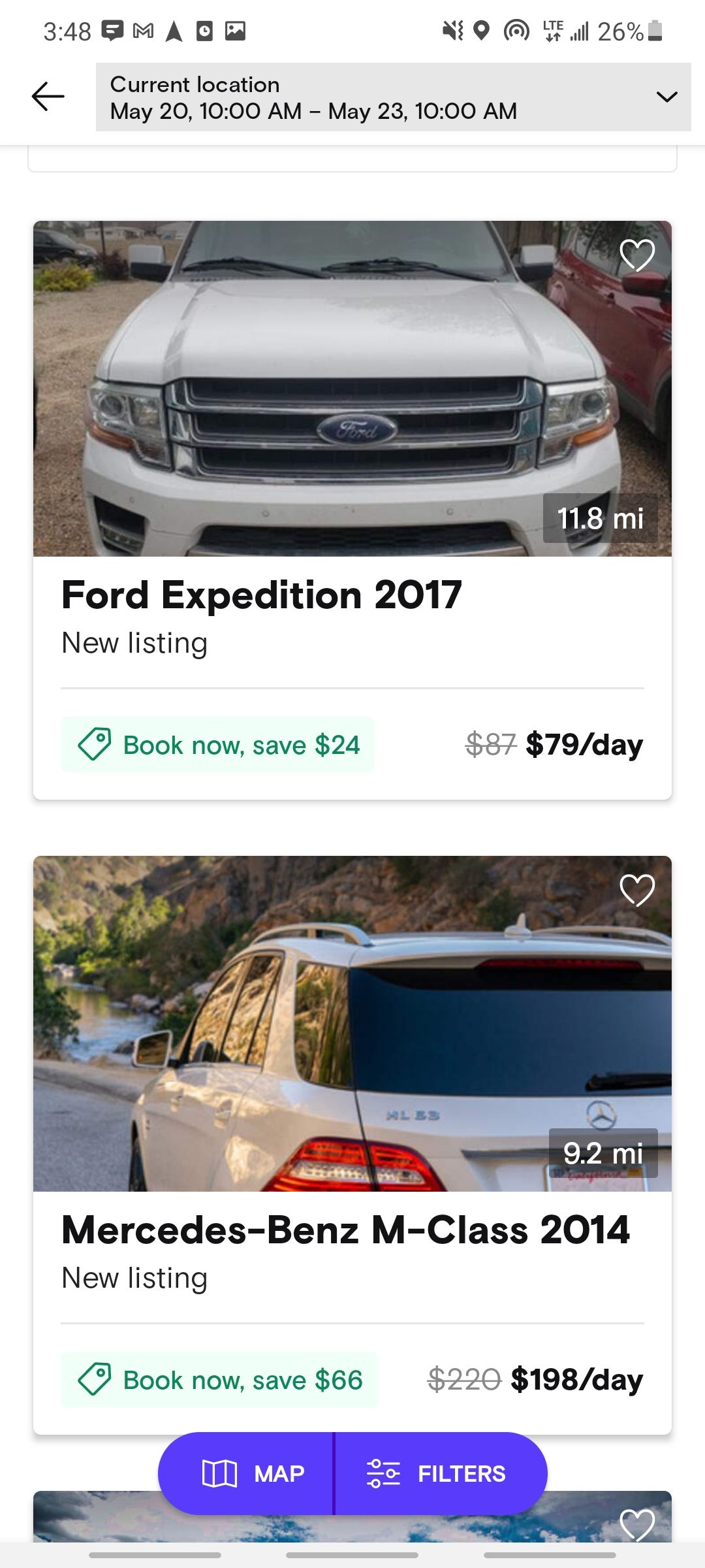turo rental app showing different available cars