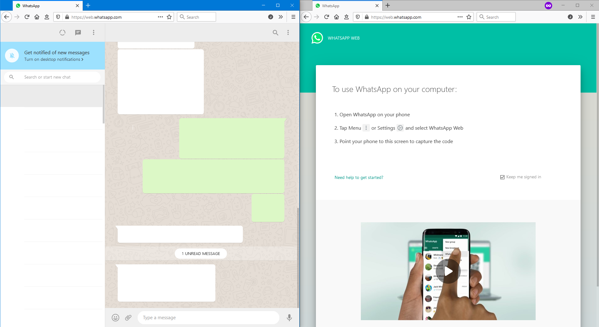 two windows of whatsapp web