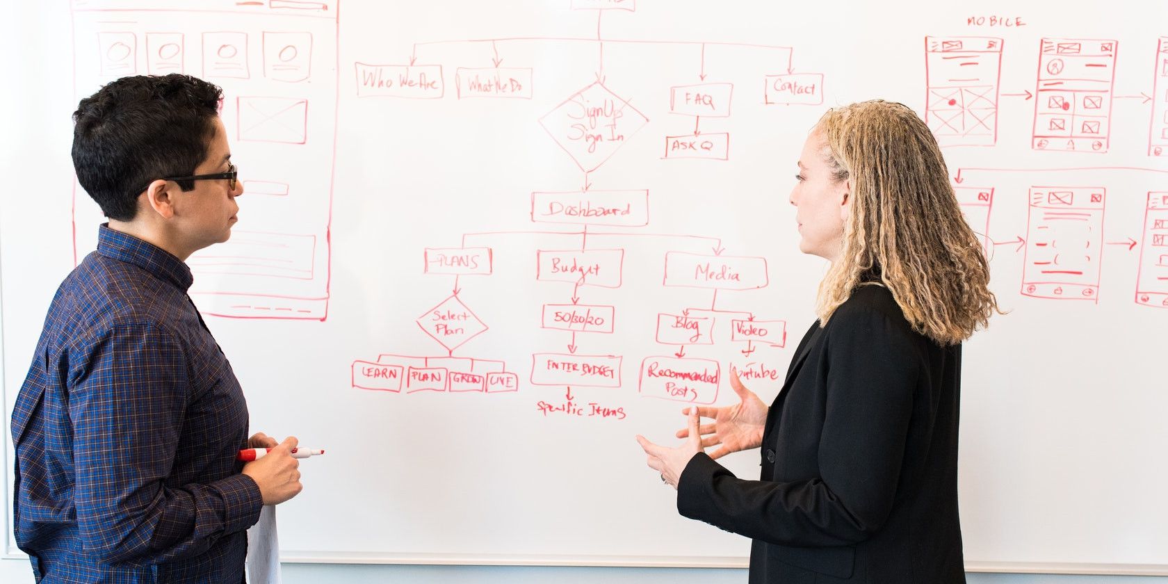 two people staring studying an algorithm on a board