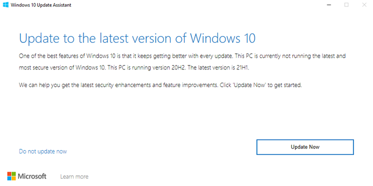 Microsoft Update Assistant menu
