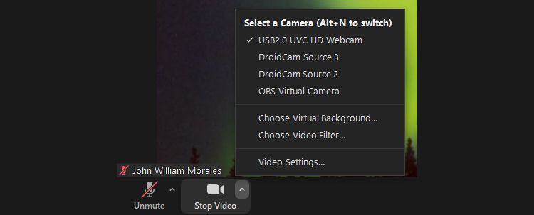 Zoom video settings menu
