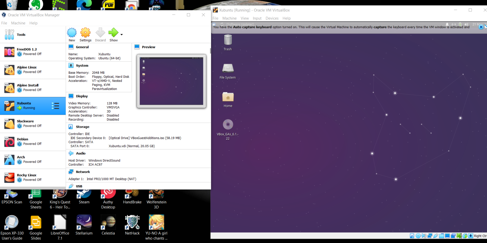 VirtualBox menu running Xubuntu