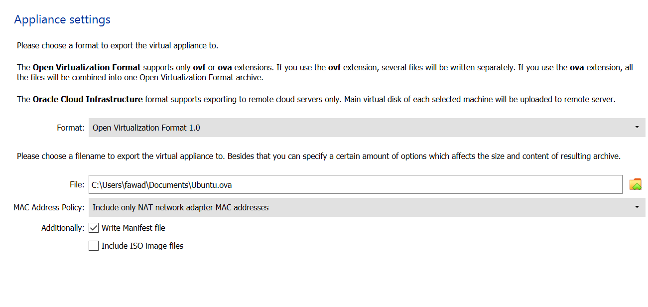 Settings for VM export