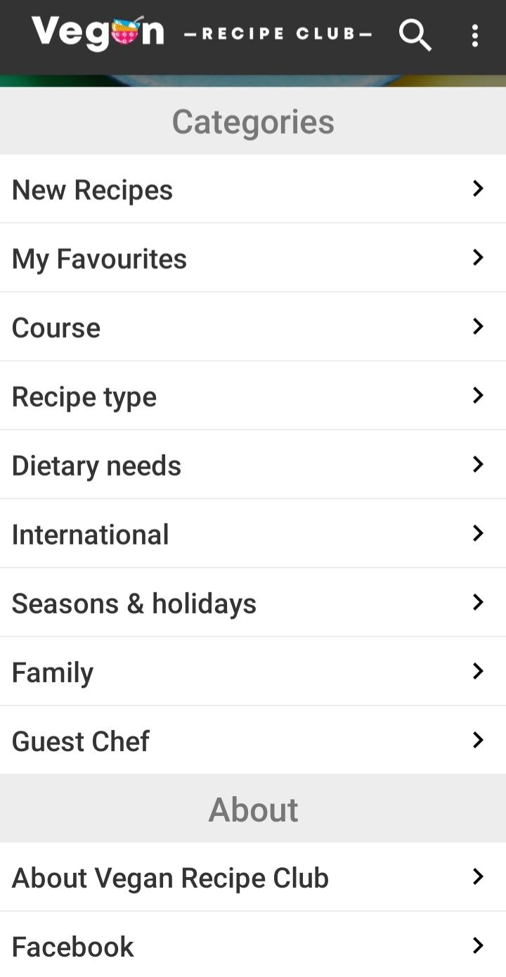 vegan recipe club categories screenshot