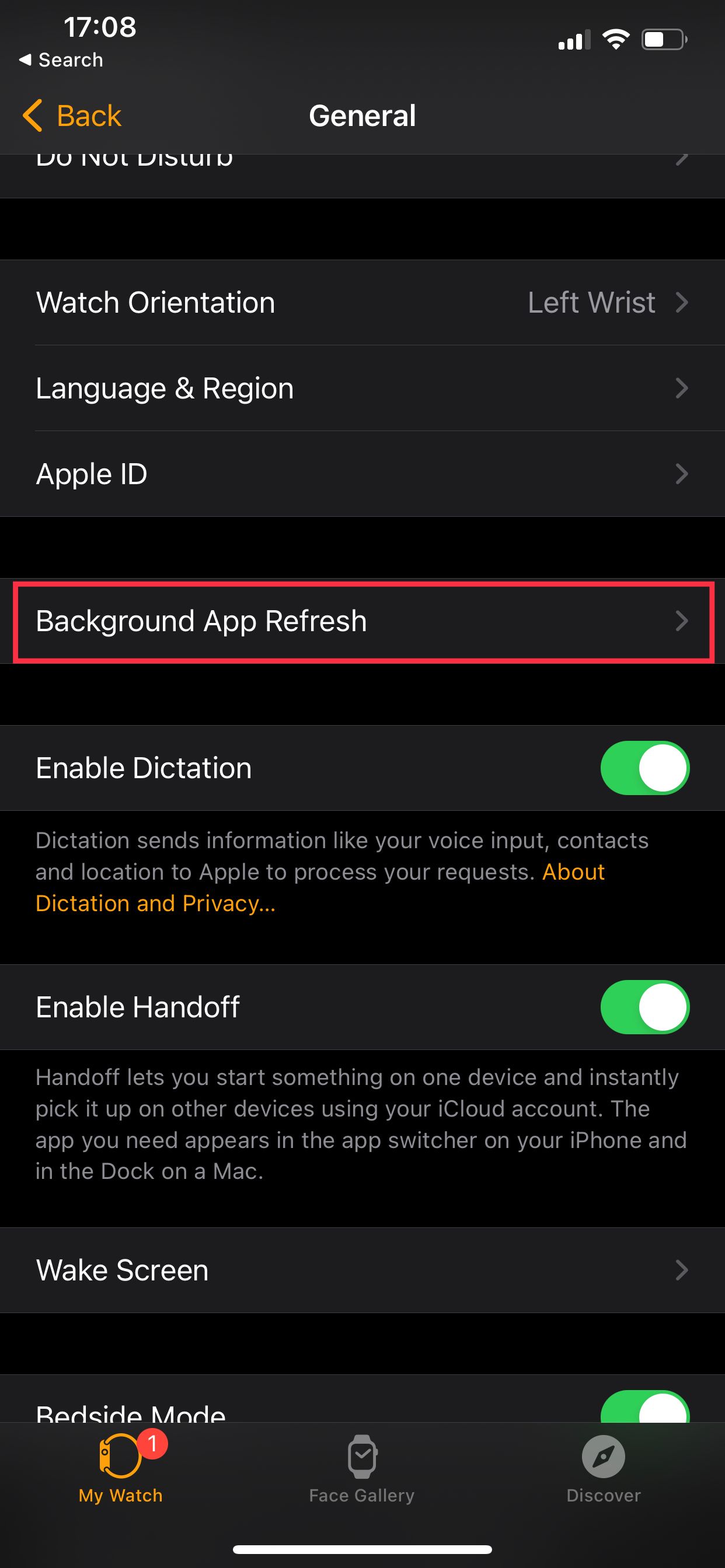 Background app refresh settings on the Watch app on iPhone